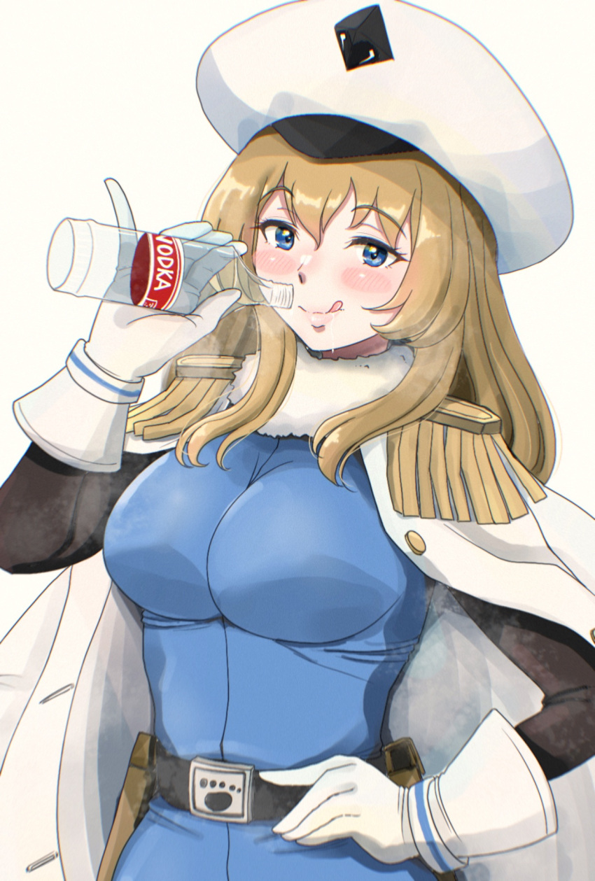 1girl alcohol andreanof_pepesha blonde_hair blue_dress blue_eyes blush bottle breasts dress fur_collar gloves hair_between_eyes hand_up highres holding holding_bottle large_breasts long_hair long_sleeves looking_at_viewer osage_gankyou shy_(series) smile solo vodka white_gloves white_headwear