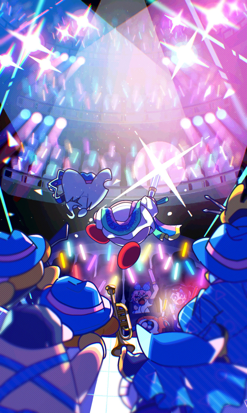 0tamt0 1other 2girls 4boys absurdres adeleine armor audience baseball_cap blue_headwear cape chef_kawasaki commentary_request elfilin gooey_(kirby) hat highres holding_glowstick instrument king_dedede kirby kirby_(series) kirby_30th_anniversary_music_festival meta_knight multiple_girls notched_ear one-eyed pauldrons ribbon_(kirby) shoulder_armor sparkle stage_lights towel trumpet waddle_dee waddle_doo