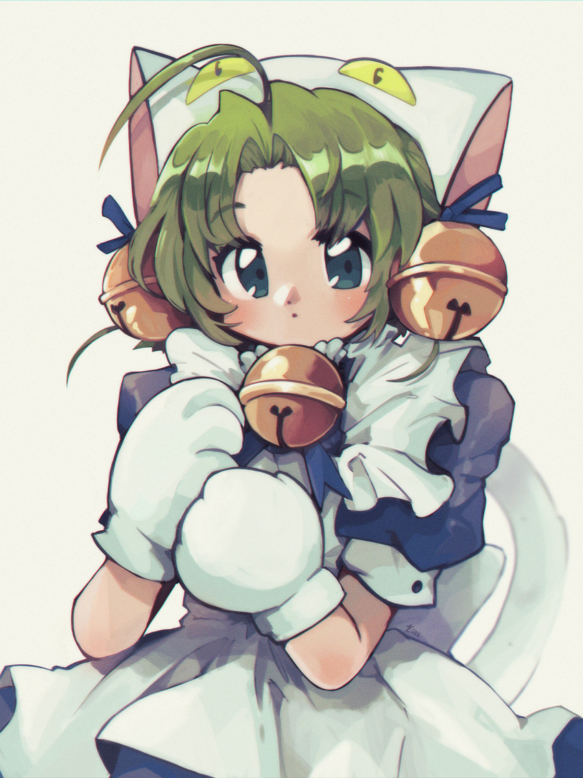 1girl ahoge animal_hands animal_hat apron bell black_dress blue_eyes blue_ribbon blush cat_hat cat_tail dejiko di_gi_charat dress english_commentary eyelashes green_hair hat highres kitchupsandwich maid neck_bell parted_lips puffy_short_sleeves puffy_sleeves ribbon short_sleeves simple_background solo tail white_apron white_background white_headwear