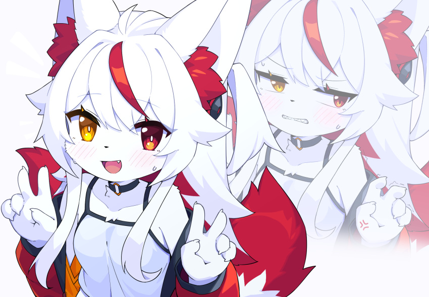 1girl :d ahoge anger_vein angry animal_ear_fluff animal_ears averting_eyes bare_shoulders black_choker blue_shirt blush body_fur breasts bright_pupils choker clenched_teeth collarbone commentary dated_commentary dev_voxy double_v earphones embarrassed fang fox_ears fox_girl fox_tail furry furry_female half-closed_eyes heterochromia highres jacket long_hair looking_at_viewer looking_to_the_side multicolored_hair multiple_tails multiple_views nervous_smile notice_lines o-ring o-ring_choker off_shoulder one_side_up open_clothes open_jacket open_mouth original red_eyes red_jacket redhead sharp_teeth shirt sidelocks sleeveless sleeveless_shirt small_breasts smile spaghetti_strap streaked_hair sweat tail teeth trembling two-tone_hair two_tails v v-shaped_eyebrows white_fur white_hair white_pupils yellow_eyes zoom_layer