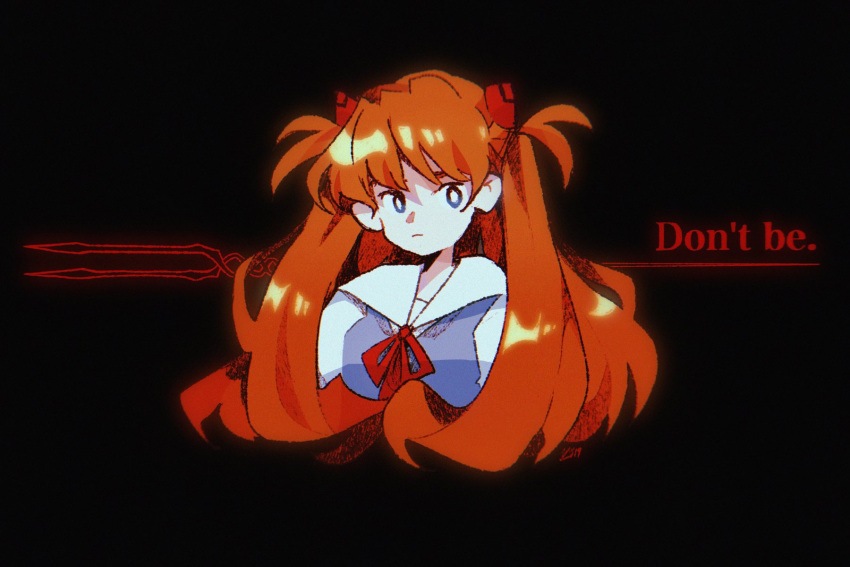 1girl black_background blue_eyes bright_pupils closed_mouth cropped_torso english_commentary hairpods highres kitchupsandwich lance_of_longinus_(evangelion) long_hair looking_at_viewer neon_genesis_evangelion orange_hair red_ribbon ribbon sailor_collar school_uniform simple_background solo souryuu_asuka_langley tokyo-3_middle_school_uniform white_pupils