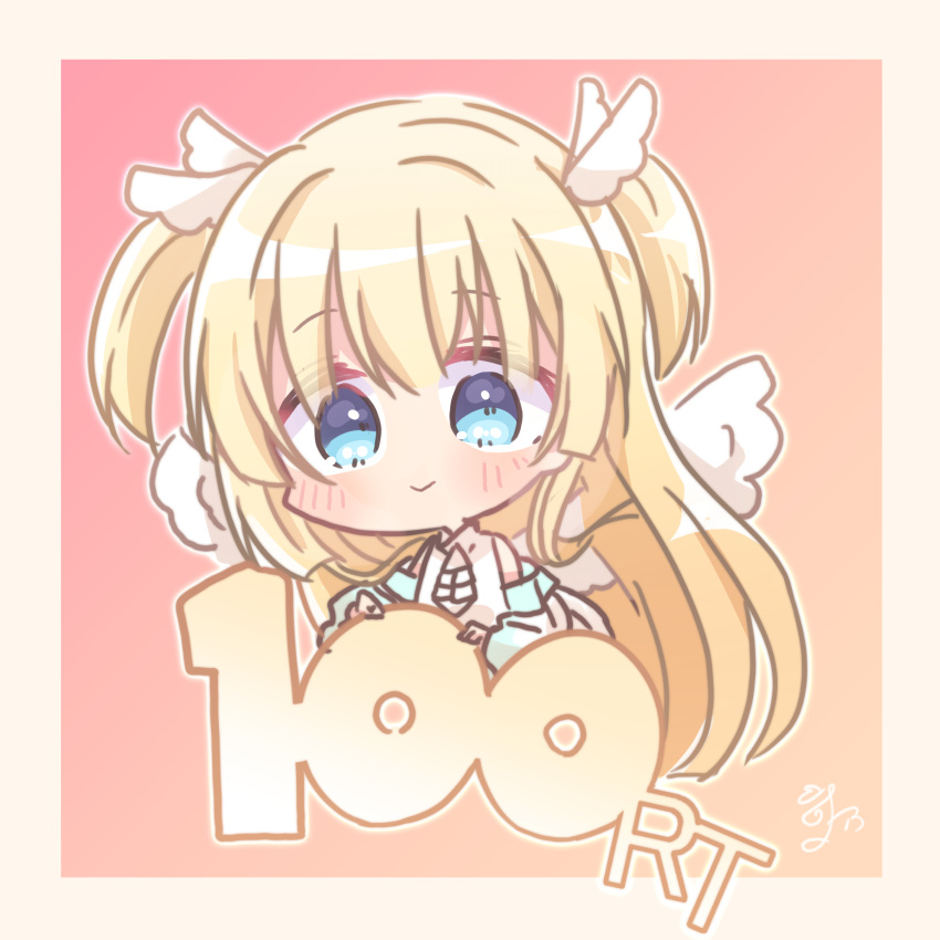 1girl absurdres angel angel_wings ascot bare_shoulders blonde_hair blue_eyes blunt_ends blush border chibi closed_mouth commentary eyes_visible_through_hair hair_between_eyes highres long_hair long_sleeves looking_at_viewer milestone_celebration pink_background pink_border shirayuki_noa shirt signature simple_background smile solo tenshi_souzou_re-boot! two_side_up utuigawa very_long_hair white_ascot white_shirt wing_hair_ornament wings