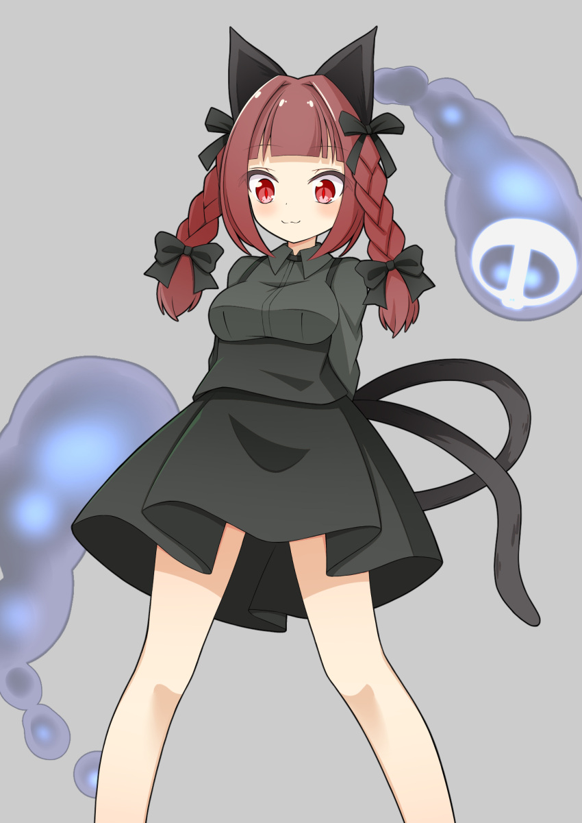 1girl animal_ears arms_behind_back black_bow black_shirt black_skirt blunt_bangs bow breasts cat_ears cat_girl cat_tail collared_shirt commentary feet_out_of_frame grey_background hair_bow hair_intakes hekkmushi highres hitodama kaenbyou_rin large_breasts long_sleeves looking_at_viewer medium_hair multiple_tails nekomata red_eyes red_pupils redhead shirt simple_background skirt slit_pupils solo tail touhou two_tails