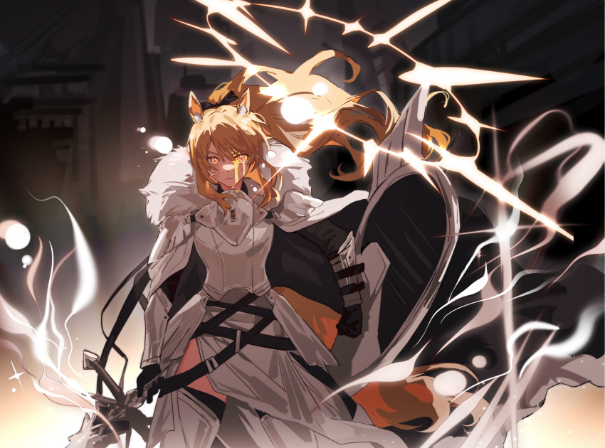 1girl animal_ears arknights armor black_gloves black_thighhighs blemishine_(arknights) blonde_hair cape coat dress frown fur-trimmed_cape fur_trim gauntlets gloves gradient_background greaves grey_background highres holding holding_shield holding_sword holding_weapon horse_ears horse_tail indoors lens_flare long_hair looking_at_viewer ma_(xxxx-xl) magic shield side_slit solo sword tail thigh-highs weapon white_coat white_dress yellow_blood yellow_eyes