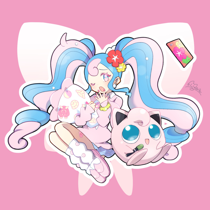 1girl bull_sprite_(pokemon) cardigan cellphone earrings fairy_miku_(project_voltage) fish_sprite_(pokemon) flower fossil_sprite_(pokemon) hair_flower hair_ornament hatsune_miku highres jewelry jigglypuff leg_warmers legs_together long_hair marie_(marie_cookie222) multicolored_hair nail_polish one_eye_closed phone pink_cardigan pink_footwear pink_nails pokemon pokemon_(creature) project_voltage twintails two-tone_hair very_long_hair vocaloid yawning