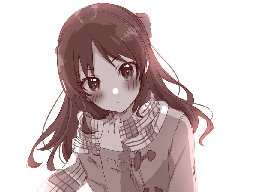 1girl blush bow checkered_clothes checkered_scarf closed_mouth coat dot_nose hair_bow hand_up highres idolmaster idolmaster_cinderella_girls long_hair long_sleeves looking_at_viewer monochrome scarf sidelocks solo tachibana_arisu tottoto_tomekichi upper_body white_background