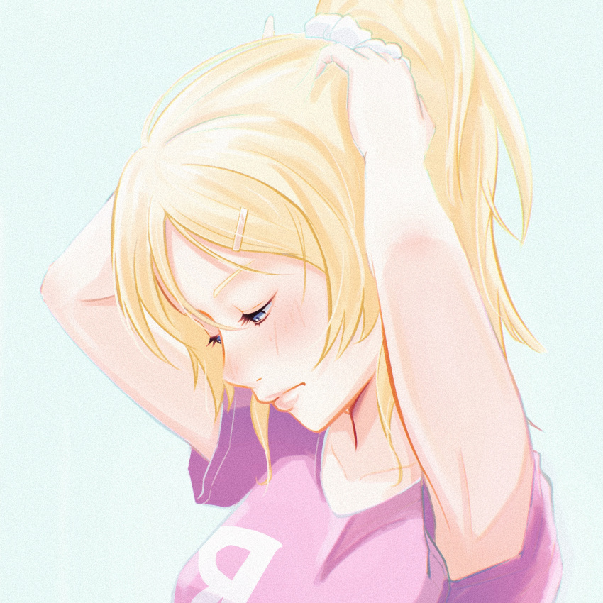 1girl adjusting_hair armpits arms_up ayase_eli blue_eyes blush close-up closed_mouth collarbone hair_ornament hairclip high_ponytail highres lips looking_down love_live! love_live!_school_idol_project oshizu pink_shirt pink_t-shirt portrait scrunchie shirt solo t-shirt tying_hair white_scrunchie