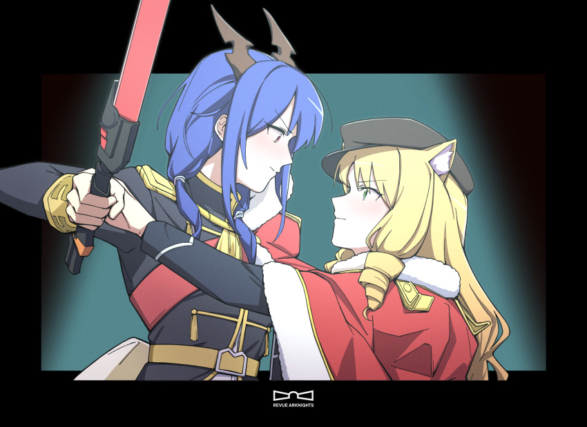 2girls absurdres animal_ears arknights black_headwear black_shirt blonde_hair blue_hair cape ch'en_(arknights) dragon_girl dragon_horns drill_hair drill_sidelocks emile_aoi eye_contact fur-trimmed_cape fur_trim green_eyes hat height_difference highres holding holding_sword holding_weapon horns looking_at_another low_twintails multiple_girls red_cape red_eyes shirt sidelocks swire_(arknights) sword tiger_ears tiger_girl twintails uniform weapon