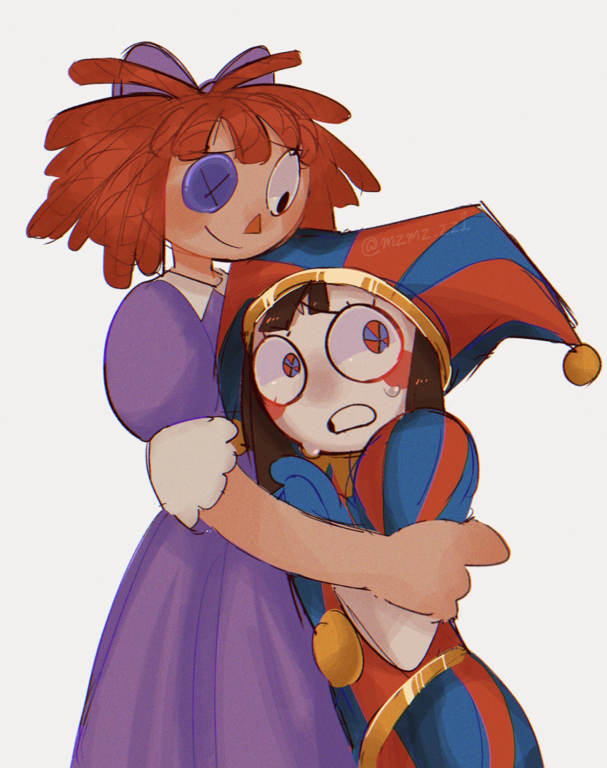 2girls blue_eyes blue_headwear blush_stickers bow brown_hair button_eyes dress hair_bow hat hat_bell highres hug jester jester_cap multicolored_clothes multicolored_eyes multicolored_headwear multiple_girls mzmzzz1 pomni_(the_amazing_digital_circus) puffy_short_sleeves puffy_sleeves purple_dress ragatha_(the_amazing_digital_circus) red_eyes red_headwear redhead short_hair short_sleeves simple_background smile sweat the_amazing_digital_circus