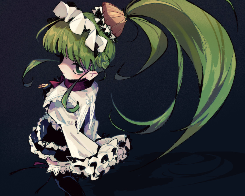 1girl acme_iku black_background black_skirt black_thighhighs bright_pupils closed_mouth english_commentary eyelashes food-themed_hair_ornament frilled_shirt frilled_skirt frilled_thighhighs frills from_above green_eyes green_hair hair_ornament kitchupsandwich kneeling long_hair looking_at_viewer maid_headdress maidloid onion ponytail red_ribbon ribbon shirt simple_background skirt smile solo thigh-highs very_long_hair vocaloid white_pupils white_shirt