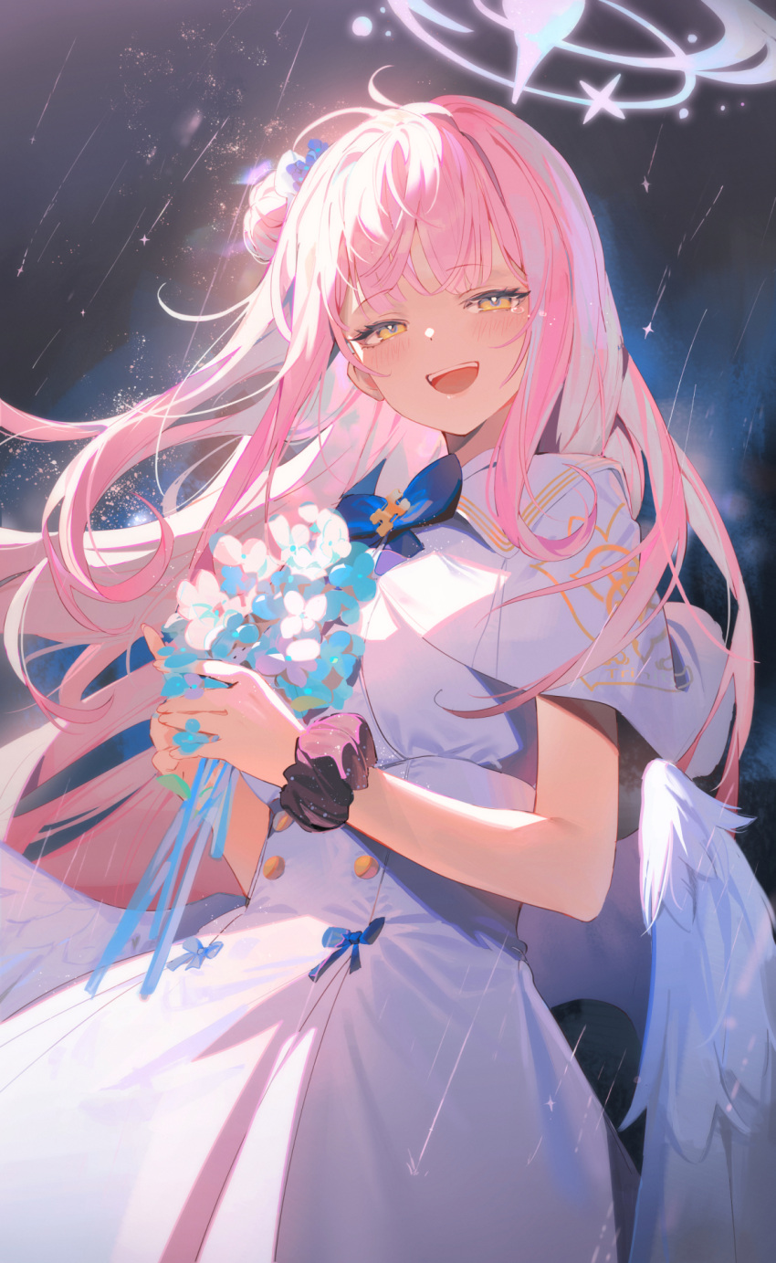 1girl :d black_scrunchie blue_archive blue_flower bouquet brown_eyes capelet commentary_request dress feathered_wings flower hair_bun half-closed_eyes halo highres holding holding_bouquet ji_dao_ji long_hair looking_at_viewer low_wings mika_(blue_archive) pink_hair scrunchie single_side_bun smile solo very_long_hair white_capelet white_dress white_flower white_wings wings wrist_scrunchie