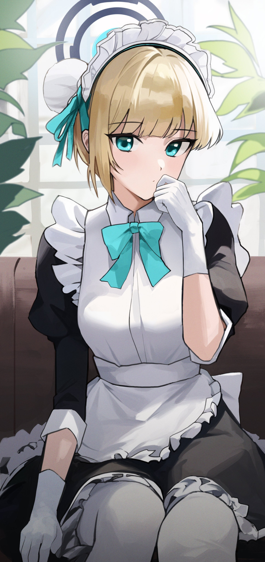 1girl absurdres apron blonde_hair blue_archive blue_bow blue_eyes bow bun_cover closed_mouth collared_dress commentary couch day dress frilled_apron frilled_dress frills gloves hair_bun halo hand_up highres indoors looking_at_viewer maid maid_headdress on_couch ori_(0rizuru) pantyhose sitting solo toki_(blue_archive) white_apron white_gloves white_pantyhose