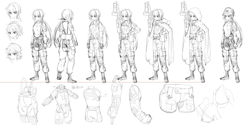 1girl absurdres assault_rifle boots breasts cloak ear_protection flat_cap greyscale gun hair_between_eyes hat highres holding holding_gun holding_weapon hood hood_down hood_up hooded_cloak jacket kalashnikov_rifle knee_pads long_hair low_ponytail monochrome multiple_views original pants ponytail reference_sheet rifle shirt short_sleeves simple_background small_breasts translation_request tuziki_sang v-shaped_eyebrows very_long_hair weapon weapon_request white_background