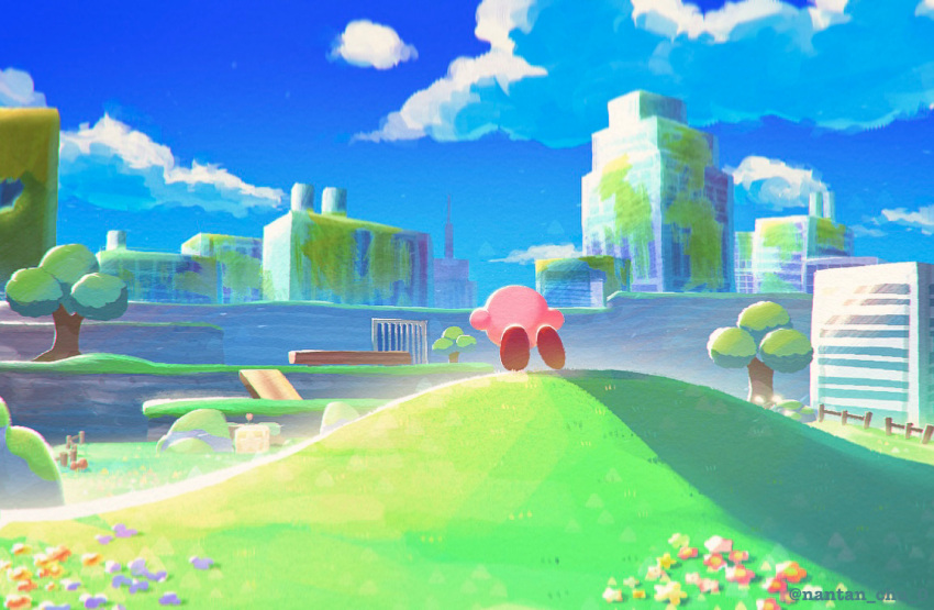 blue_sky building colored_skin fence flower grass kirby kirby_(series) kirby_and_the_forgotten_land nantan_chu_0 no_humans outdoors pink_skin scenery sky skyscraper solo tree wooden_fence