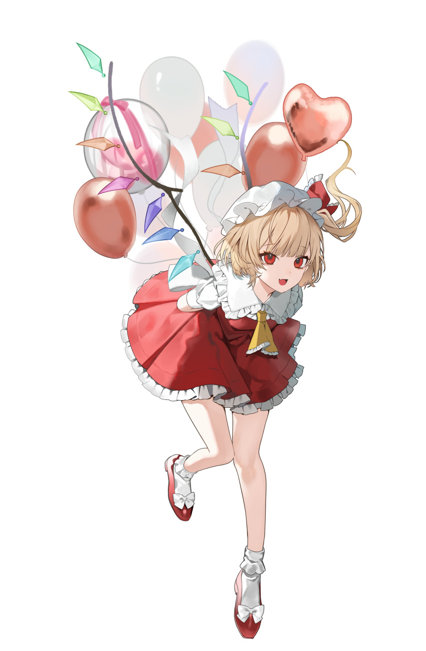 1girl absurdres arms_behind_back ascot balloon blonde_hair bow collared_shirt crystal daimaou_ruaeru english_commentary fang flandre_scarlet footwear_bow full_body hair_between_eyes hat hat_bow heart_balloon high_heels highres leg_up looking_at_viewer mob_cap multicolored_wings one_side_up open_mouth puffy_short_sleeves puffy_sleeves red_eyes red_footwear red_skirt red_vest shirt shoes short_hair short_sleeves simple_background skin_fang skirt skirt_set smile socks solo standing standing_on_one_leg tongue touhou vest white_background white_bow white_headwear white_shirt white_socks wings yellow_ascot
