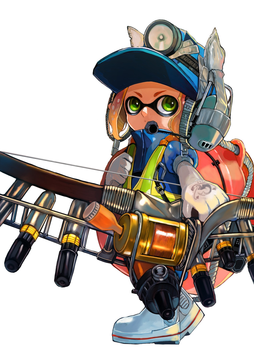 1girl absurdres blue_helmet blue_jumpsuit boots closed_mouth commentary_request duct_tape elbow_gloves full_body gloves gradient_hair green_eyes grizzco_stringer_(splatoon) headlamp headset helmet high-visibility_clothing high-visibility_vest highres holding holding_weapon inkling inkling_girl inkling_player_character jumpsuit lifebuoy mining_helmet multicolored_hair orange_hair ovfr_p puffy_sleeves purple_hair rubber_boots rubber_gloves salmon_run_(splatoon) short_hair simple_background solo splatoon_(series) splatoon_3 standing swim_ring tentacle_hair weapon white_background white_boots white_gloves