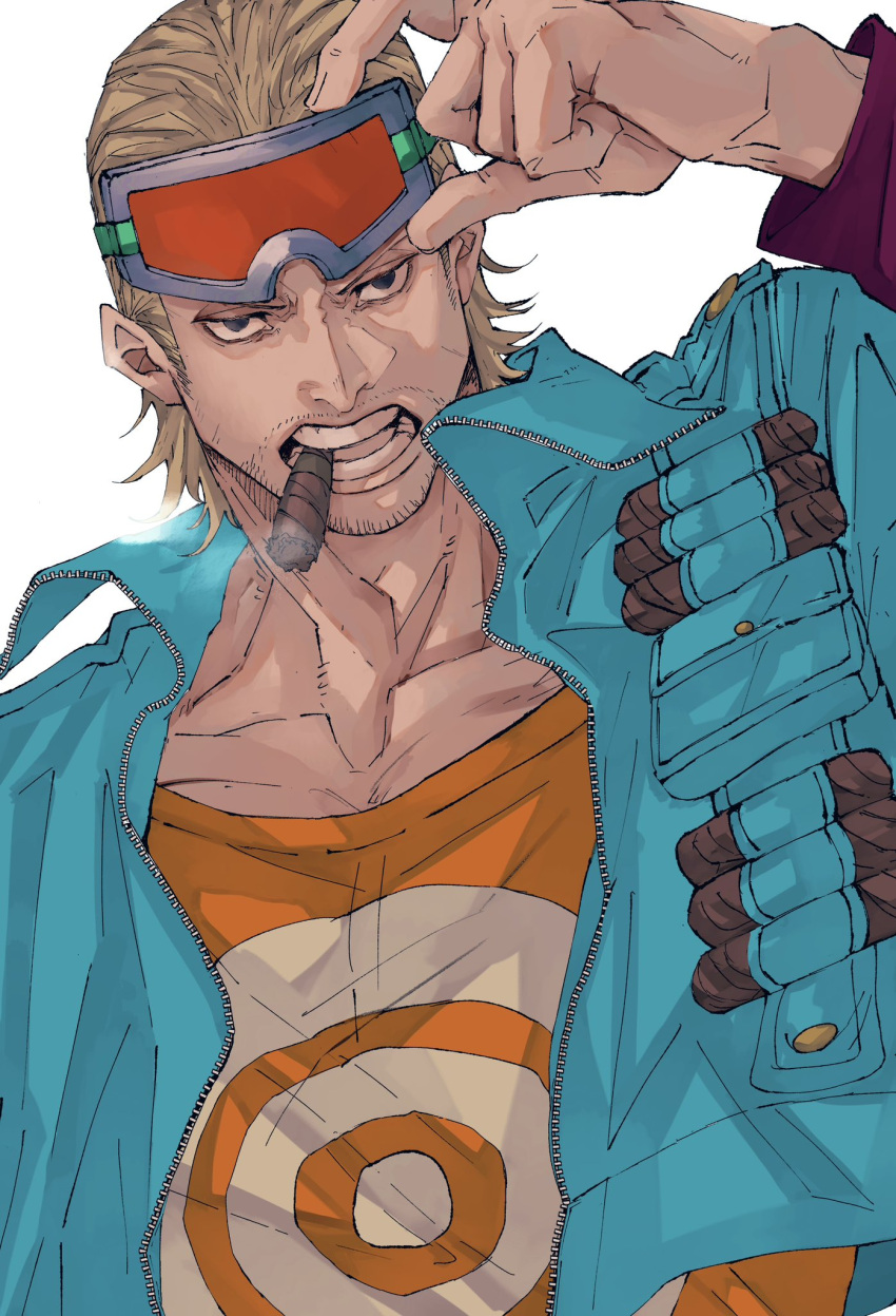 1boy arm_up black_eyes blonde_hair blue_jacket cigar collarbone facial_hair goatee goggles goggles_on_head highres jacket looking_at_viewer male_focus medium_hair mustache one_piece open_mouth orange_shirt paulie removing_eyewear serious shirt target upper_body white_background yumesan_55