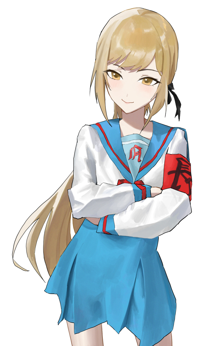 1girl absurdres aged_down aged_up armband black_ribbon blue_sailor_collar blue_skirt bow bowtie breasts closed_mouth commentary cosplay cowboy_shot crossed_arms english_commentary hair_ribbon highres kita_high_school_uniform light_blush light_smile long_hair long_sleeves looking_at_viewer monogatari_(series) oshino_shinobu pleated_skirt ponytail red_armband red_bow red_bowtie ribbon sailor_collar school_uniform sidelocks simple_background skirt small_breasts smile solo standing suzumiya_haruhi suzumiya_haruhi_(cosplay) suzumiya_haruhi_no_yuuutsu swept_bangs tabulagami translated very_long_hair white_background yellow_eyes