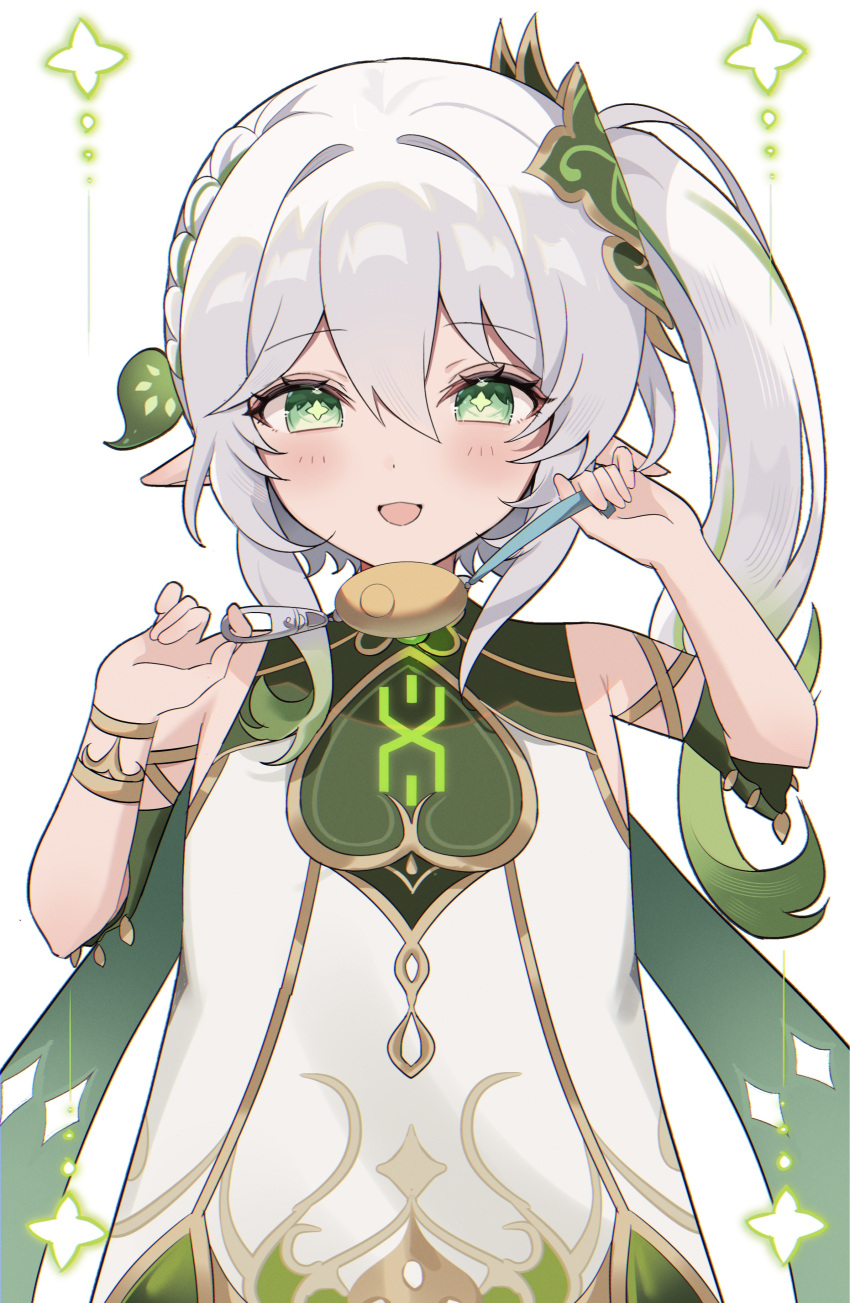 +_+ 1girl absurdres bare_shoulders blush commentary_request crime_prevention_buzzer dress genshin_impact green_eyes hair_ornament hands_up highres leaf_hair_ornament long_hair looking_at_viewer nahida_(genshin_impact) open_mouth pointy_ears rim_(ririm711) shukusei!!_loli-gami_requiem side_ponytail simple_background sleeveless sleeveless_dress smile solo straight-on upper_body white_background white_dress white_hair