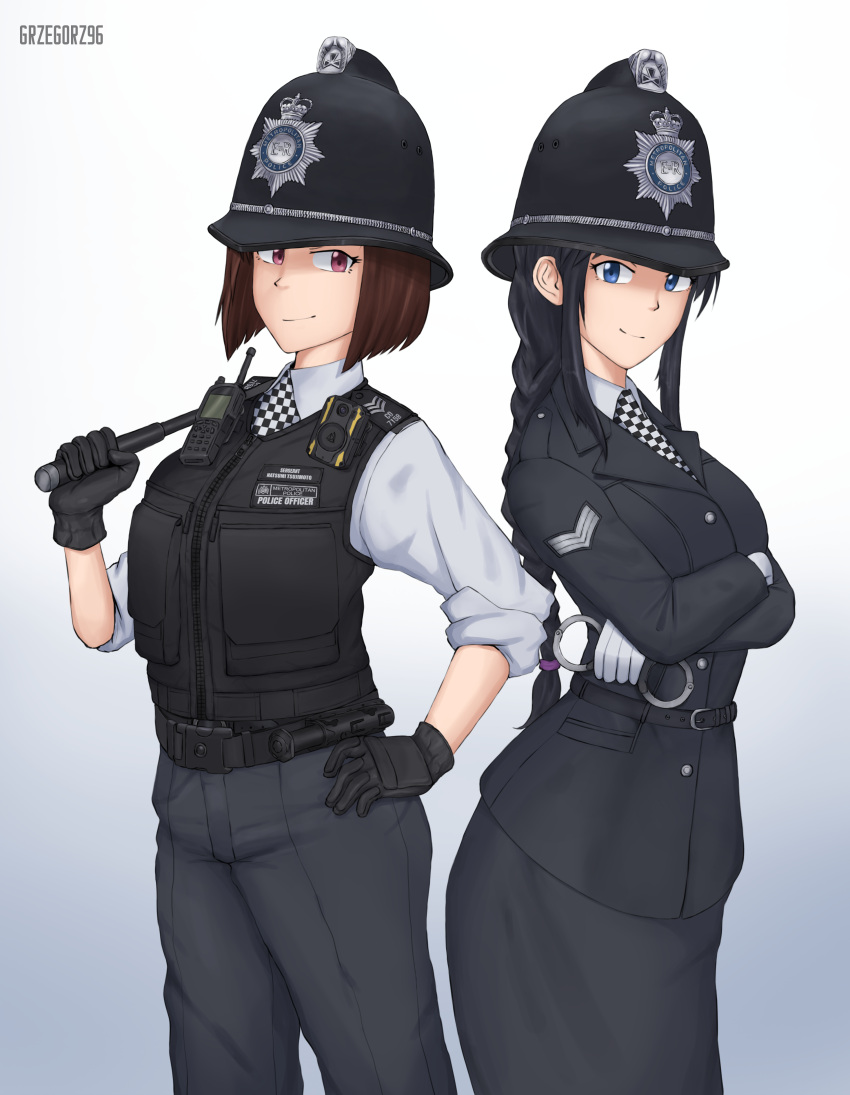 2girls absurdres baton_(weapon) belt black_belt black_gloves black_hair black_pants black_skirt black_tunic black_vest blue_eyes body_cam bow braid brown_eyes brown_hair checkered_necktie chevron_(symbol) commission commissioner_upload crossed_arms cuffs custodian_helmet epaulettes facing_viewer from_side gloves grzegorz1996 hair_bow hand_on_own_hip handcuffs hat helmet highres holding holding_weapon kobayakawa_miyuki long_hair multiple_girls necktie pants police police_hat police_uniform policewoman ponytail pouch shirt short_hair simple_background skirt sleeves_rolled_up smile taiho_shichauzo tsujimoto_natsumi tunic uniform united_kingdom vest walkie-talkie watermark weapon white_gloves white_shirt