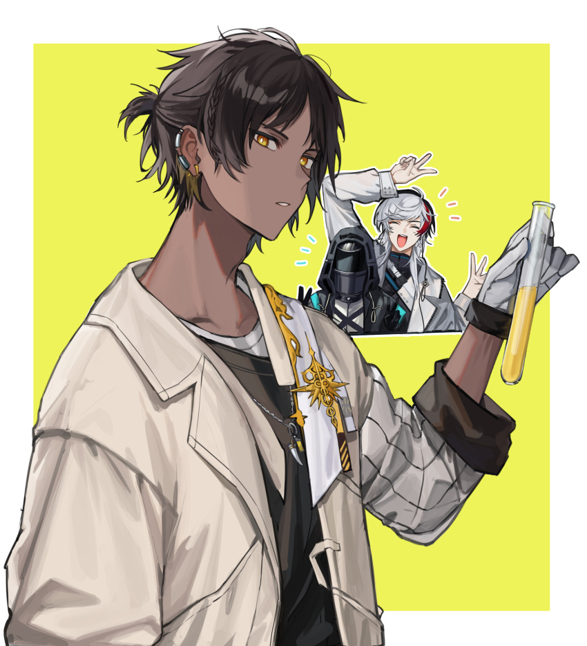 1other 252_gishiki 2boys absurdres arknights arm_up black_footwear black_hair black_jacket black_shirt border brown_jacket closed_eyes commentary cropped_torso dark-skinned_male dark_skin doctor_(arknights) double_v earclip elysium_(arknights) gloves highres holding holding_test_tube hood hood_up hooded_jacket jacket jewelry looking_at_viewer mask multicolored_hair multiple_boys necklace open_mouth parted_lips redhead shirt short_hair short_ponytail sidelocks simple_background smile streaked_hair test_tube thorns_(arknights) upper_body v white_gloves white_hair white_jacket white_shirt yellow_background yellow_eyes