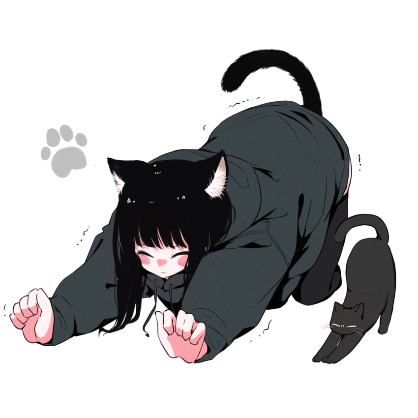 1girl animal_ears black_cat black_hair black_thighhighs blunt_bangs blush cat cat_ears cat_girl cat_stretch cat_tail closed_eyes dot_nose full_body grey_hoodie highres hood hoodie megateru nose_blush original oversized_clothes paw_print solo stretching tail thigh-highs white_background