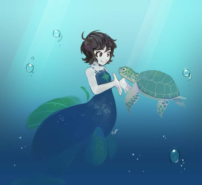 1girl air_bubble artist_name black_eyes black_hair blue_background bubble colored_skin eye_contact highres hiveswap joey_claire looking_at_another mermaid monster_girl short_hair smile solo turtle underwater white_skin yunicorn-corn