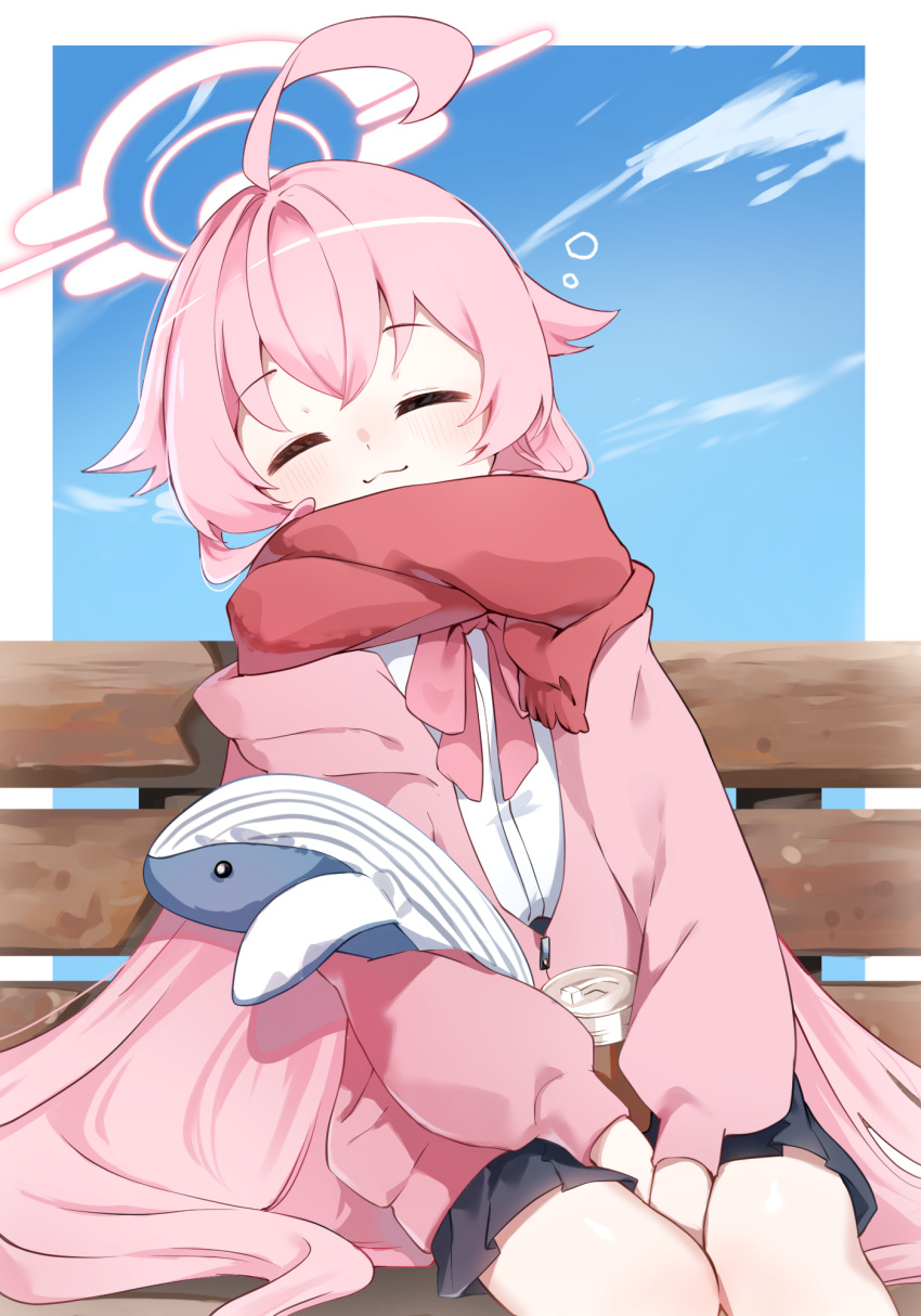 1girl azisai bench blue_archive blue_sky blush character_request closed_eyes closed_mouth clouds halo highres holding holding_stuffed_toy jacket light_blush long_hair open_clothes open_jacket pink_hair pink_halo pink_jacket red_scarf scarf shirt sitting sitting_on_bench skirt sky sleeping sleeping_upright smile stuffed_animal stuffed_toy very_long_hair white_shirt