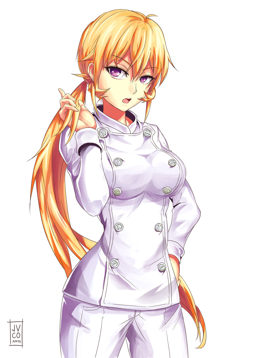 1girl artist_logo blonde_hair breasts buttons chef cowboy_shot double-breasted hair_between_eyes hand_on_own_hip highres jacket jvco_arts large_breasts long_hair looking_at_viewer low_ponytail nakiri_erina open_mouth pants playing_with_own_hair shokugeki_no_souma solo violet_eyes white_background white_jacket white_pants