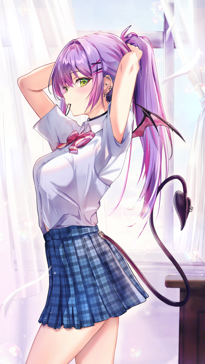 1girl absurdres arms_up blue_skirt blush bow bowtie choker collared_shirt commentary_request demon_girl demon_tail demon_wings ear_piercing from_side green_eyes hair_ornament hair_tie_in_mouth hairclip highres hololive long_hair looking_at_viewer mini_wings mouth_hold multicolored_hair piercing pink_hair plaid plaid_skirt pleated_skirt ponytail purple_hair school_uniform shirt short_sleeves skirt tail tail_ornament tail_piercing tokoyami_towa tying_hair virtual_youtuber white_shirt wings yuki_haru