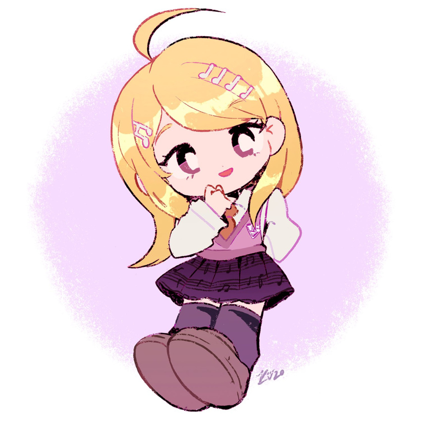 1girl ahoge akamatsu_kaede arm_behind_back blonde_hair chibi commission danganronpa_(series) danganronpa_v3:_killing_harmony eyelashes full_body hair_ornament hand_to_own_mouth highres kitchupsandwich long_sleeves looking_at_viewer musical_note musical_note_hair_ornament musical_note_print necktie open_mouth pink_sweater_vest purple_skirt purple_socks red_necktie shirt skirt socks solo sweater_vest violet_eyes white_shirt