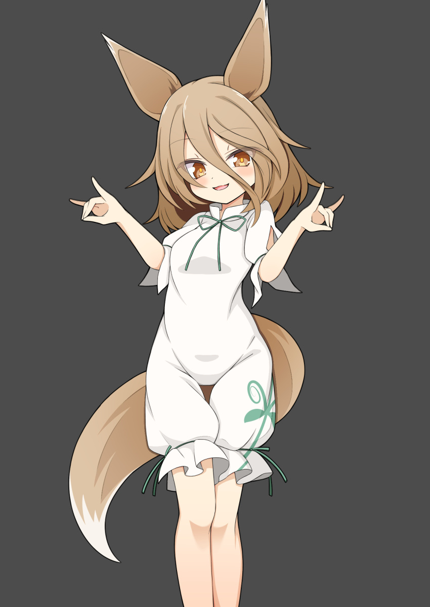 1girl :d animal_ears black_background brown_hair brown_pupils commentary_request double_fox_shadow_puppet feet_out_of_frame fox_ears fox_girl fox_shadow_puppet fox_tail hair_between_eyes hekkmushi highres jumpsuit kudamaki_tsukasa looking_at_viewer open_mouth short_hair simple_background smile solo tail touhou white_jumpsuit