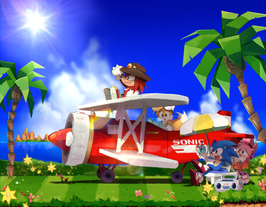 1girl 3boys aircraft airplane amy_rose blue_sky brown_headwear cowboy_hat english_commentary fang flower furry furry_female furry_male gloves goggles goggles_on_head green_shirt hairband hat highres kitchupsandwich knuckles_the_echidna multiple_boys open_mouth orange_skirt palm_tree red_footwear red_hairband shirt skirt sky sonic_(series) sonic_the_hedgehog sonic_the_hedgehog_(classic) sun tails_(sonic) tornado_(airplane)_(sonic) tree tropical_drink umbrella white_gloves yellow_flower