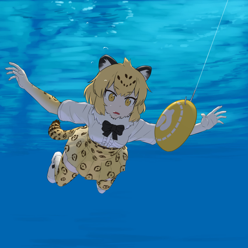 1girl air_bubble album_cover animal_ears animal_print arms_up belt black_bow black_bowtie black_hair blonde_hair bow bowtie bubble center_frills cover day double-parted_bangs fishing_hook fishing_line food freediving frills full_body fur_collar high-waist_skirt highres jaguar_(kemono_friends) jaguar_ears jaguar_girl jaguar_print jaguar_tail japari_bun kemono_friends looking_at_food looking_at_object medium_hair miniskirt multicolored_hair nevermind nirvana_(band) outdoors outstretched_arms parody parted_lips print_skirt print_thighhighs shirt shirt_tucked_in shoes short_sleeves skirt sokushinbutsu solo spread_arms swimming tail thigh-highs two-tone_hair underwater white_footwear white_shirt wide-eyed