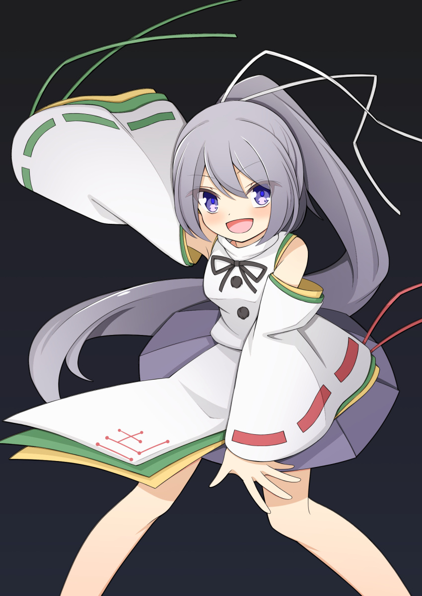 1girl :d bare_shoulders black_background blue_eyes blue_pupils commentary detached_sleeves feet_out_of_frame hekkmushi highres japanese_clothes kariginu long_hair long_sleeves looking_at_viewer mononobe_no_futo no_headwear open_mouth pom_pom_(clothes) ponytail ribbon-trimmed_sleeves ribbon_trim simple_background smile solo touhou very_long_hair wide_sleeves