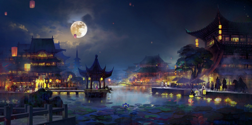 architecture clouds cloudy_sky commentary_request east_asian_architecture flower full_moon gazebo highres horse hy_vong_(phong_canh) lantern lily_(flower) lily_pad moon multiple_boys multiple_girls night original outdoors pagoda paper_lantern scenery sky tree vietnamese_commentary water