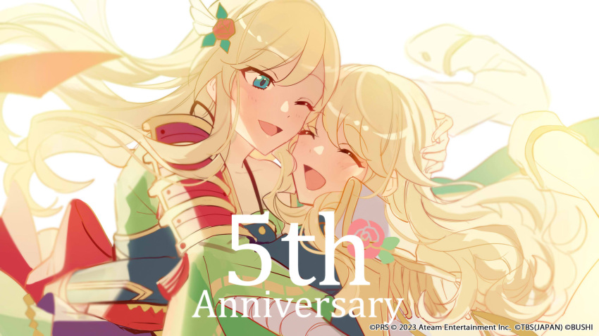2girls :d ^_^ anniversary aqua_eyes arm_wrap armor back_bow black_jacket blonde_hair blurry bow breastplate closed_eyes commentary_request depth_of_field epaulettes floating_hair flower green_kimono hair_flower hair_ornament hand_on_another's_head hand_up heads_together highres hug jacket jacket_on_shoulders japanese_armor japanese_clothes kimono light_blush long_hair long_sleeves looking_at_another multiple_girls mutual_hug official_art one_eye_closed red_bow red_flower red_rose rose shoujo_kageki_revue_starlight shoujo_kageki_revue_starlight_-re_live- shoulder_armor siblings sidelocks simple_background single_bare_shoulder sisters smile sode upper_body watermark wavy_hair white_background white_jacket wide_sleeves yumeoji_fumi yumeoji_shiori