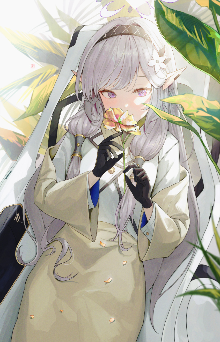 1girl absurdres black_gloves black_hairband blue_archive bright_pupils brown_cardigan cardigan closed_mouth flower gloves grey_hair hair_flower hair_ornament hair_tubes hairband halo highres himari_(blue_archive) holding holding_flower kuren_kren light_smile long_hair long_sleeves looking_at_viewer mole mole_under_eye pointy_ears shirt sitting smile solo violet_eyes white_flower white_shirt yellow_flower