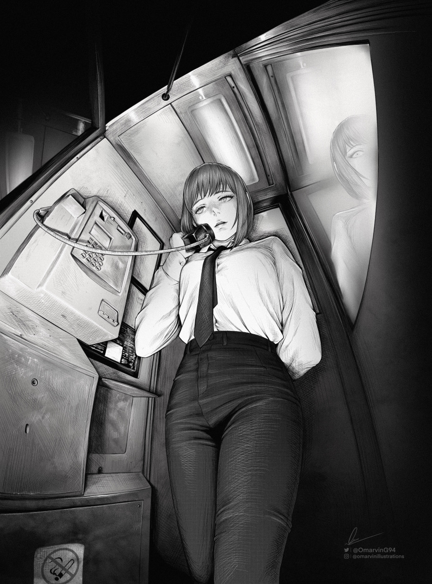 1girl absurdres black_necktie black_pants business_suit chainsaw_man collared_shirt formal high-waist_pants highres holding holding_phone long_hair long_sleeves looking_at_viewer makima_(chainsaw_man) marvin_(omarvin) monochrome necktie office_lady pants payphone phone phone_booth ringed_eyes shirt shirt_tucked_in sidelocks solo standing suit white_shirt