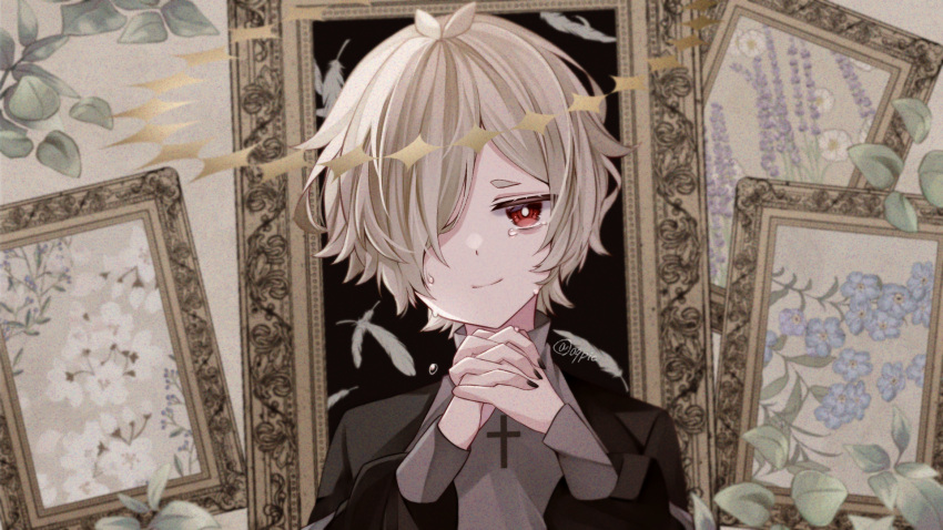 1boy antenna_hair black_jacket blonde_hair blue_flower bright_pupils canary999 commentary_request cross cross_necklace crying crying_with_eyes_open feathers flower hair_over_one_eye half-closed_eyes halo head_tilt highres jacket jewelry kazehiki_(utau) latin_cross lavender_(flower) long_sleeves looking_at_viewer male_focus necklace one_eye_covered own_hands_clasped own_hands_together painting_(object) picture_frame purple_flower red_eyes sad_smile short_eyebrows short_hair sleeve_cuffs solo tears twitter_username upper_body utau white_flower white_pupils