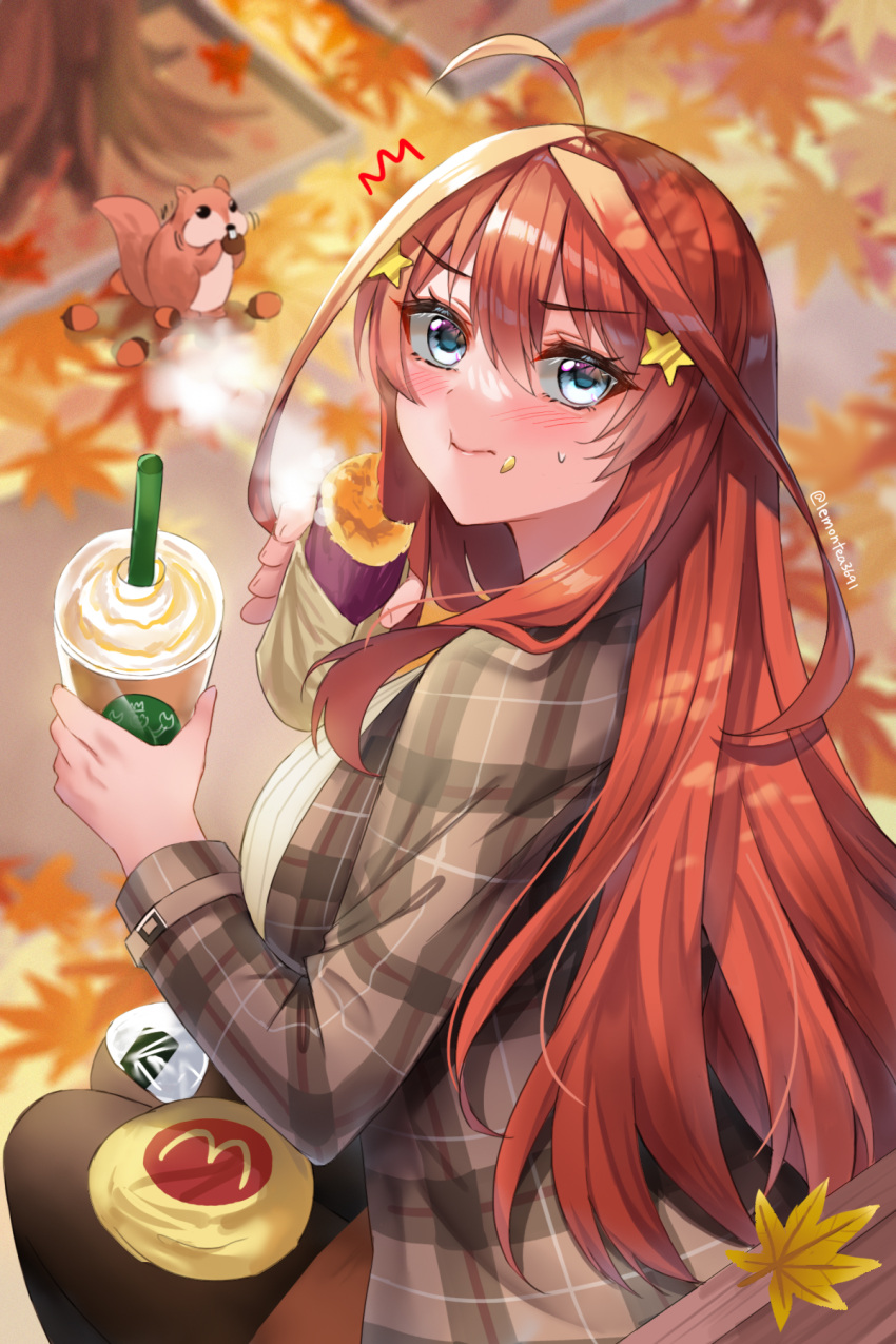 1girl ahoge autumn autumn_leaves black_pantyhose blue_eyes brand_name_imitation breasts brown_jacket brown_skirt commentary_request cup disposable_cup eating_hair facing_to_the_side food food_on_face go-toubun_no_hanayome hair_between_eyes hair_ornament highres holding holding_cup jacket large_breasts lemon_t long_hair looking_at_viewer nakano_itsuki notice_lines outdoors pantyhose plaid plaid_jacket redhead sitting_on_bench skirt solo squirrel star_(symbol) star_hair_ornament