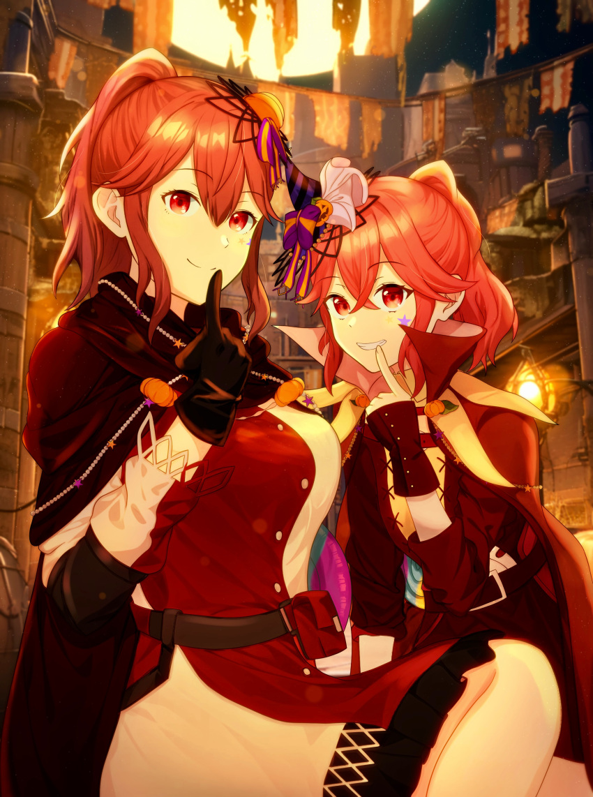 2girls absurdres anna_(fire_emblem) belt black_cape black_gloves brown_belt buttons cape closed_mouth commentary_request dress finger_to_mouth fire_emblem fire_emblem_awakening fire_emblem_engage fire_emblem_heroes gloves grin hair_between_eyes hair_ornament halloween halloween_costume high_collar highres index_finger_raised long_hair long_sleeves looking_at_viewer multiple_girls official_alternate_costume ponytail red_cape red_dress red_eyes redhead s_n_reon siblings sisters sitting smile star_(symbol) teeth two-tone_dress white_dress