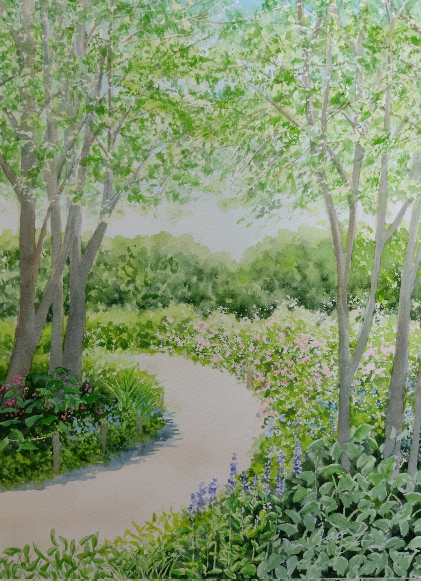 blue_flower bush flower forest highres naoy_watercolor nature no_humans original path red_flower scenery tree weeds