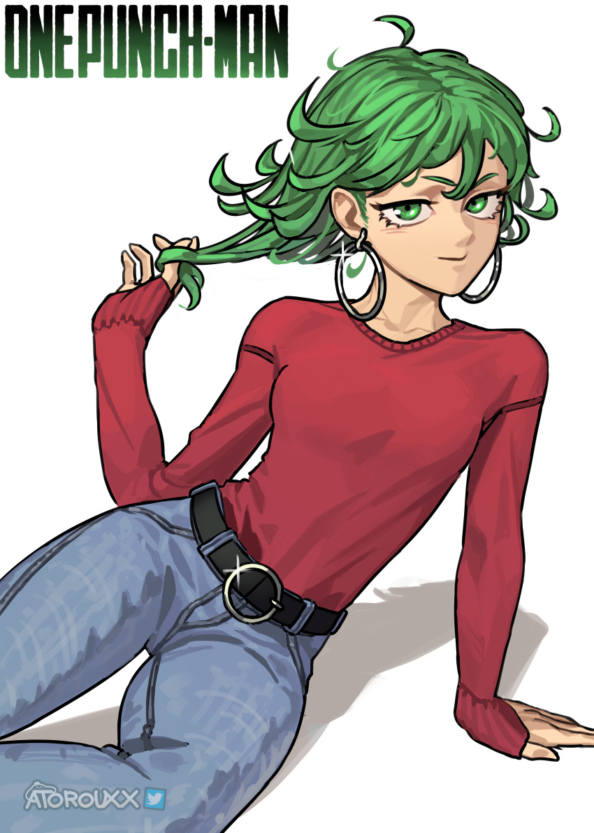 1girl absurdres arm_support atoroux belt breasts closed_mouth copyright_name curly_hair denim earrings green_eyes green_hair highres hoop_earrings jeans jewelry light_smile long_sleeves looking_at_viewer one-punch_man pants red_sweater simple_background small_breasts solo sweater tatsumaki white_background