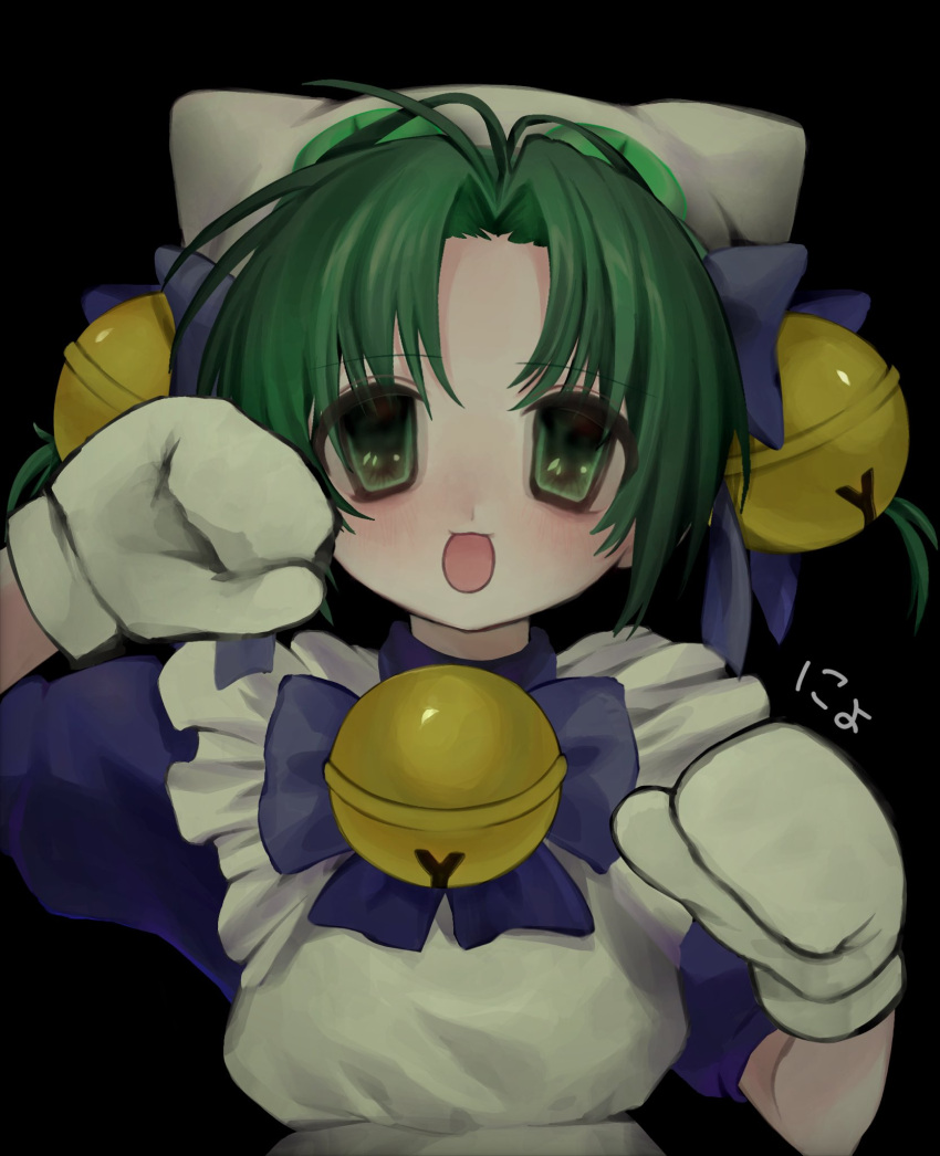 1girl animal_hat apron bell black_background blue_bow blue_dress bow cat_hat dejiko di_gi_charat dress green_eyes green_hair hair_bell hair_bow hair_ornament hat highres jingle_bell looking_at_viewer mittens open_mouth simple_background smile solo uee_m upper_body white_apron white_mittens