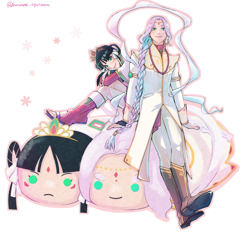 1boy 1girl ace_attorney bindi black_hair boots braid braided_ponytail brown_boots character_doll doll earrings facial_mark full_body gold_armlet green_eyes hair_rings highres jewelry kuranne long_hair nahyuta_sahdmadhi open-toe_boots outline pants phoenix_wright:_ace_attorney_-_spirit_of_justice pink_boots pink_outline purple_hair rayfa_padma_khura'in ribbon robe sash sitting smile stuffed_toy thick_eyebrows tiara twitter_username very_long_hair white_background white_pants white_ribbon white_robe white_sash