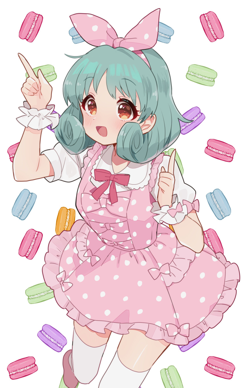 1girl absurdres bow bowtie brown_eyes commentary_request dot_nose dress frilled_skirt frilled_wristband frills green_hair hair_ribbon hands_up highres idolmaster idolmaster_million_live! index_fingers_raised looking_at_viewer macaron_background medium_hair open_mouth pink_bow pink_bowtie pink_dress pink_ribbon polka_dot polka_dot_dress polka_dot_ribbon puffy_short_sleeves puffy_sleeves ribbon saito_katuo shirt short_sleeves skirt smile solo thigh-highs thighs tokugawa_matsuri white_background white_shirt white_thighhighs