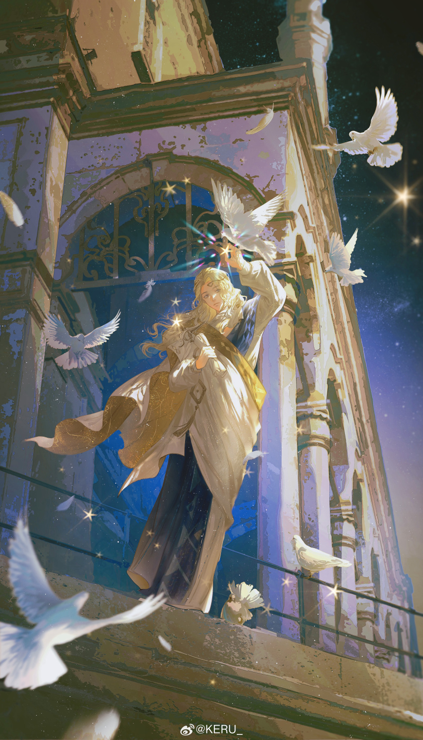 1boy 6_(reverse:1999) absurdres arch arm_up bird blonde_hair blue_eyes closed_mouth curly_hair diffraction_spikes dove european_architecture feathers full_body greco-roman_clothes highres himation holding holding_scroll holding_star keru_(artist) long_hair long_sleeves looking_to_the_side male_focus night night_sky railing reverse:1999 scroll sidelighting sky solo standing star_(sky) star_(symbol) starry_sky too_many too_many_birds weibo_logo weibo_username