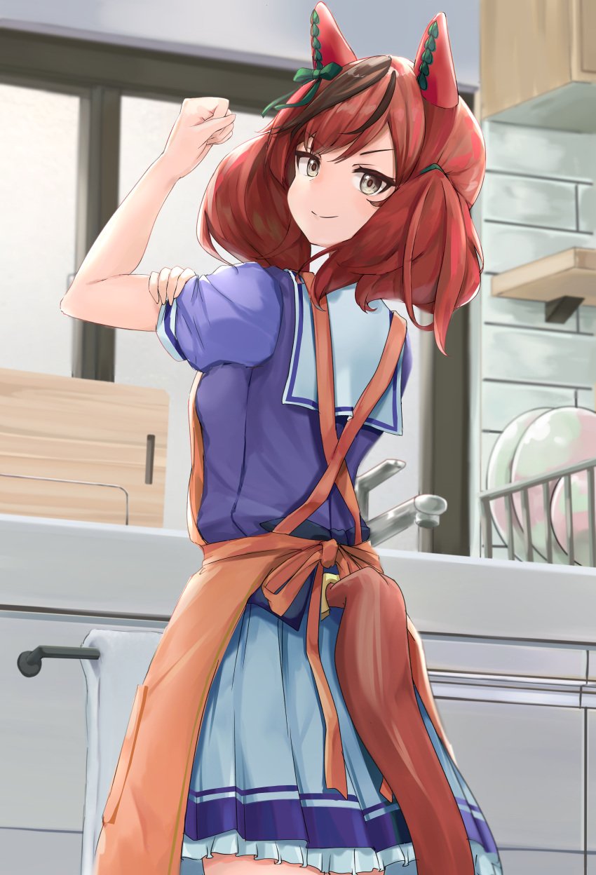 1girl absurdres animal_ears apron blush bow clenched_hand closed_mouth commentary_request cowboy_shot ear_bow ear_covers green_bow grey_eyes highres horse_ears horse_girl horse_tail kitchen looking_at_viewer looking_back medium_hair miyama_mizuki_(hoshihoshi1220) multicolored_hair nice_nature_(umamusume) petticoat puffy_short_sleeves puffy_sleeves purple_shirt red_apron redhead sailor_collar school_uniform shirt short_sleeves smile smug solo standing streaked_hair summer_uniform tail tail_through_clothes tracen_school_uniform umamusume window