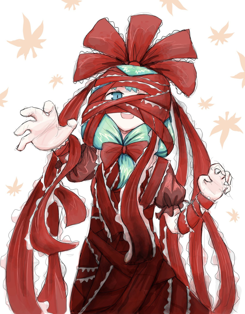 1girl bound bow dress entangled frilled_ribbon frills front_ponytail green_eyes green_hair hair_bow hair_ribbon highres kagiyama_hina leaf looking_at_viewer maple_leaf puffy_short_sleeves puffy_sleeves red_bow red_dress red_ribbon ribbon short_sleeves solo there2007 touhou